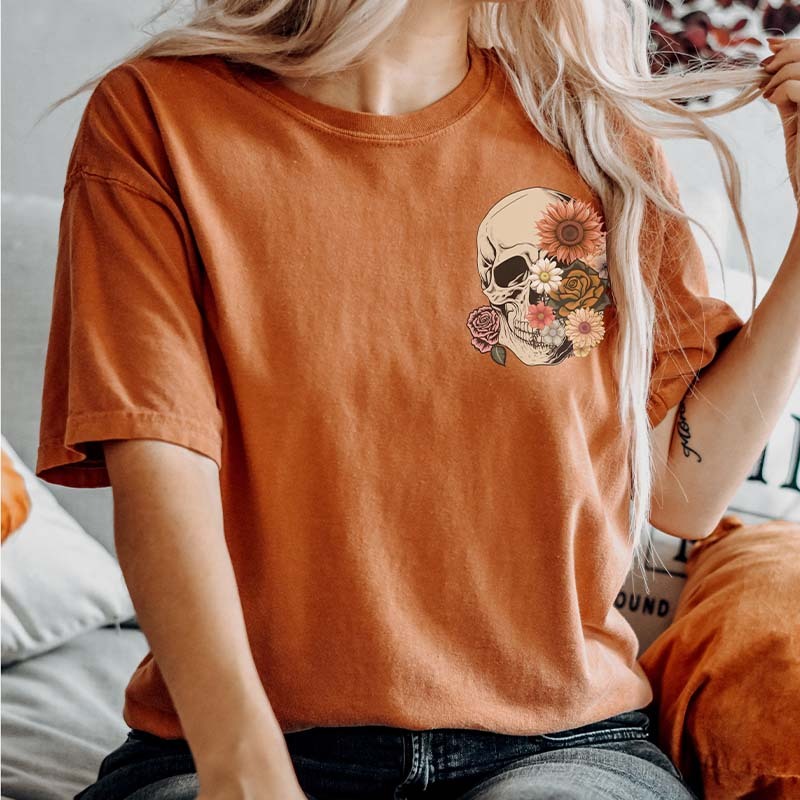 Floral Skull Witchy Botanical Skeleton T-Shirt-carlalin
