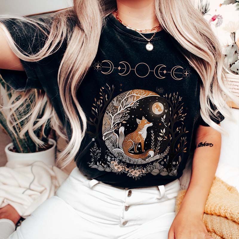 Whimsigoth Fox Witchy Moon T-Shirt-carlalin