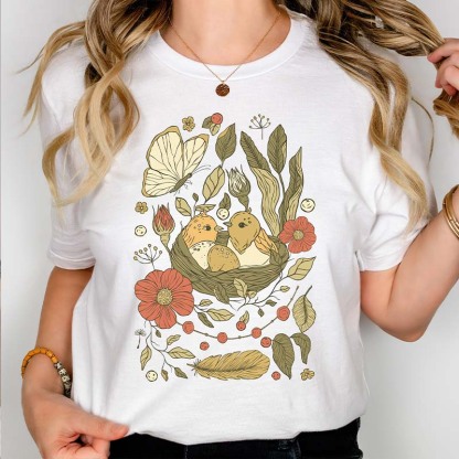 Birds And Flowers Floral Folk T-Shirt-carlalin
