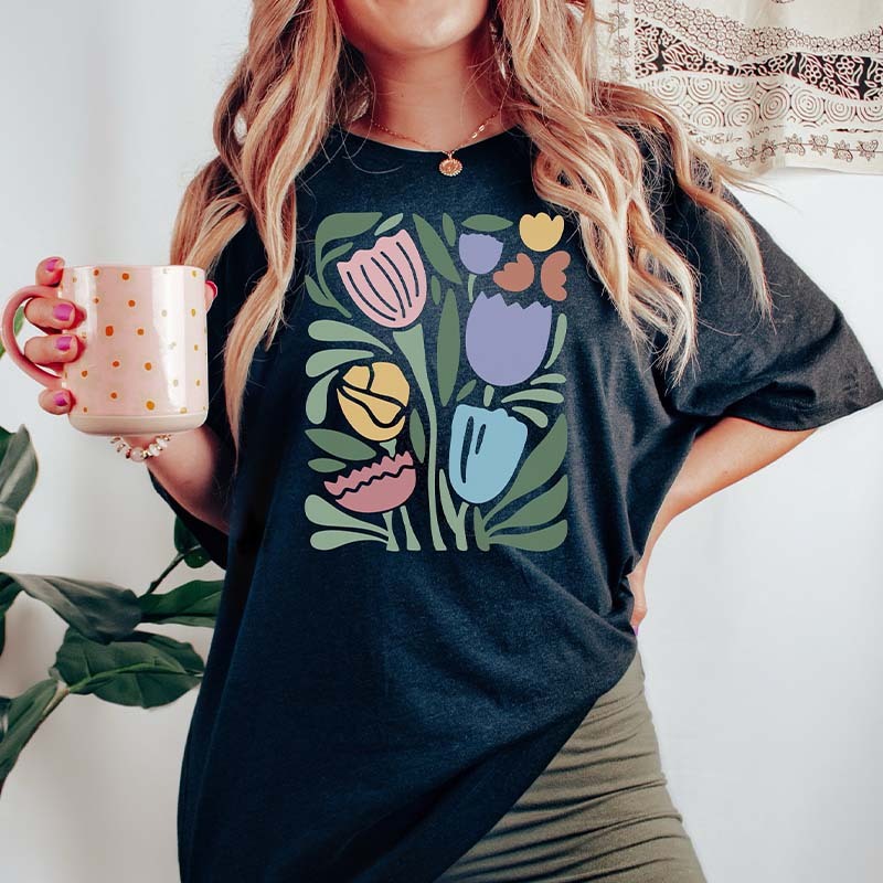 Wavy Tulips Retro Groovy Floral T-Shirt-carlalin