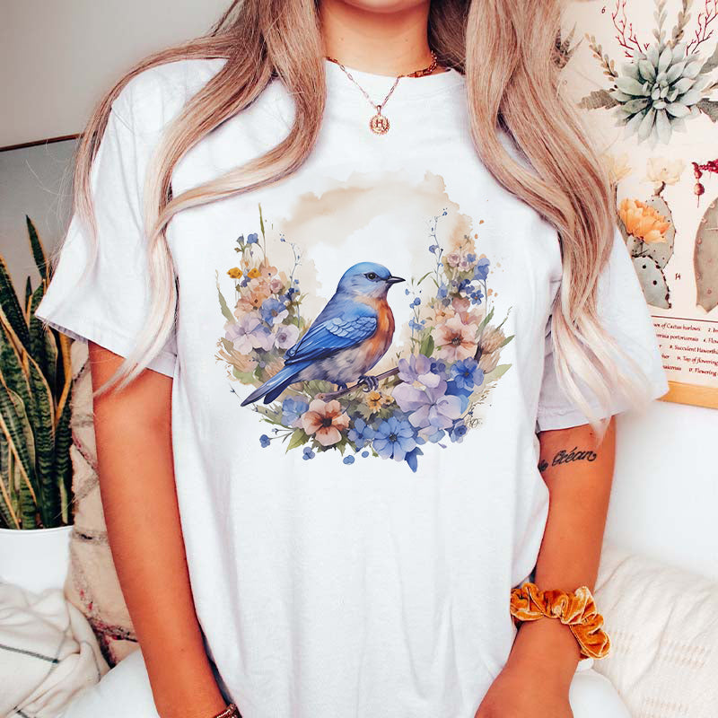 Watercolor Bluebird Wildflowers T-Shirt-carlalin
