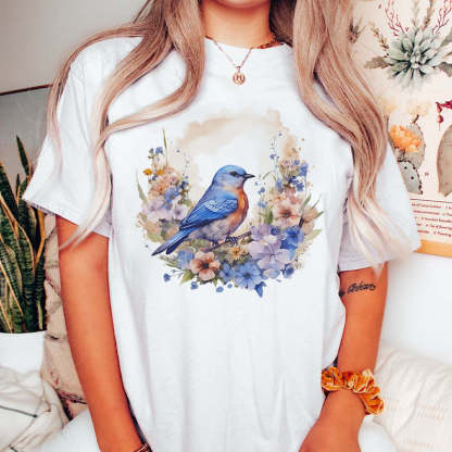 Watercolor Bluebird Wildflowers T-Shirt-carlalin