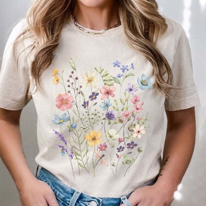 Botanical Floral Minimalist Colorful T-Shirt-carlalin