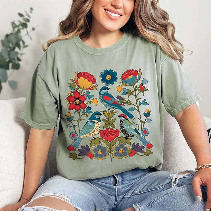 Summer Bird Lover Flower T-Shirt-carlalin