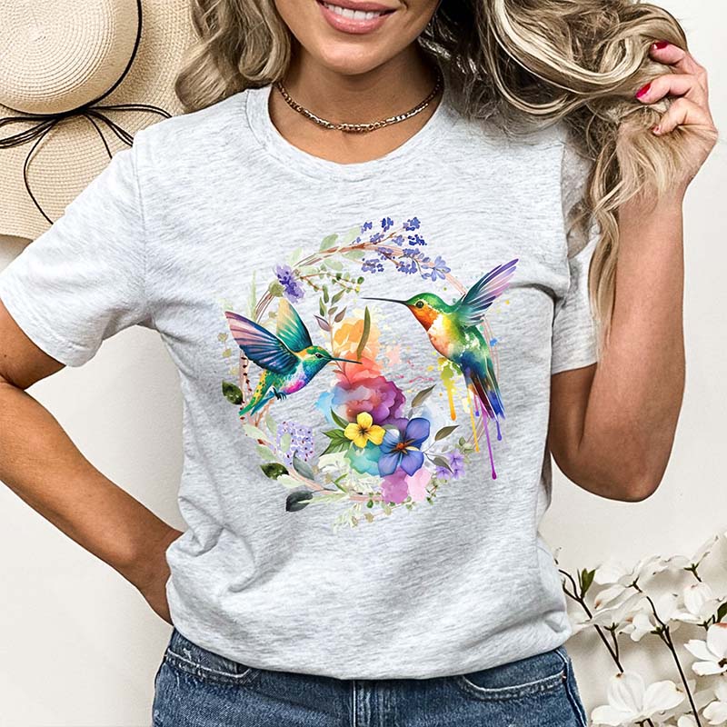Hummingbird Floral Wreath T-Shirt-carlalin