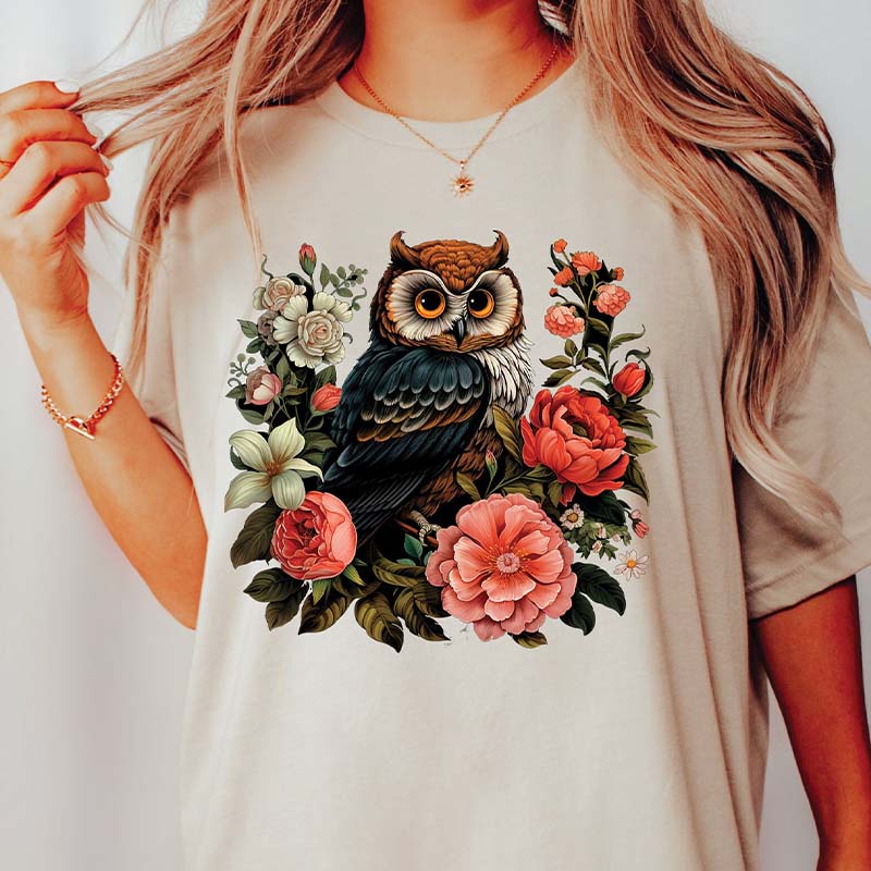 Cute Owl Boho Style Flowers T-Shirt-carlalin