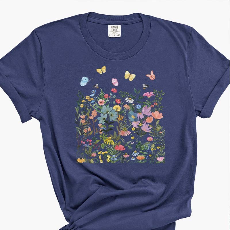 Boho Wildflowers Butterflies Botanical T-Shirt-carlalin
