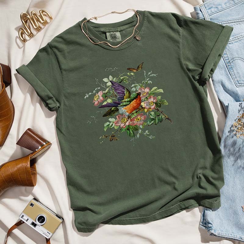 Pressed Flowers Bird And Butterflies T-Shirt-carlalin