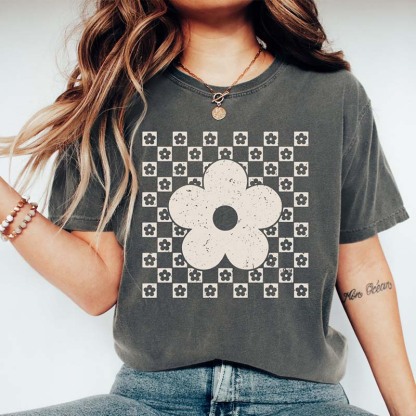 Checkered Flower Trendy Floral T-Shirt-carlalin
