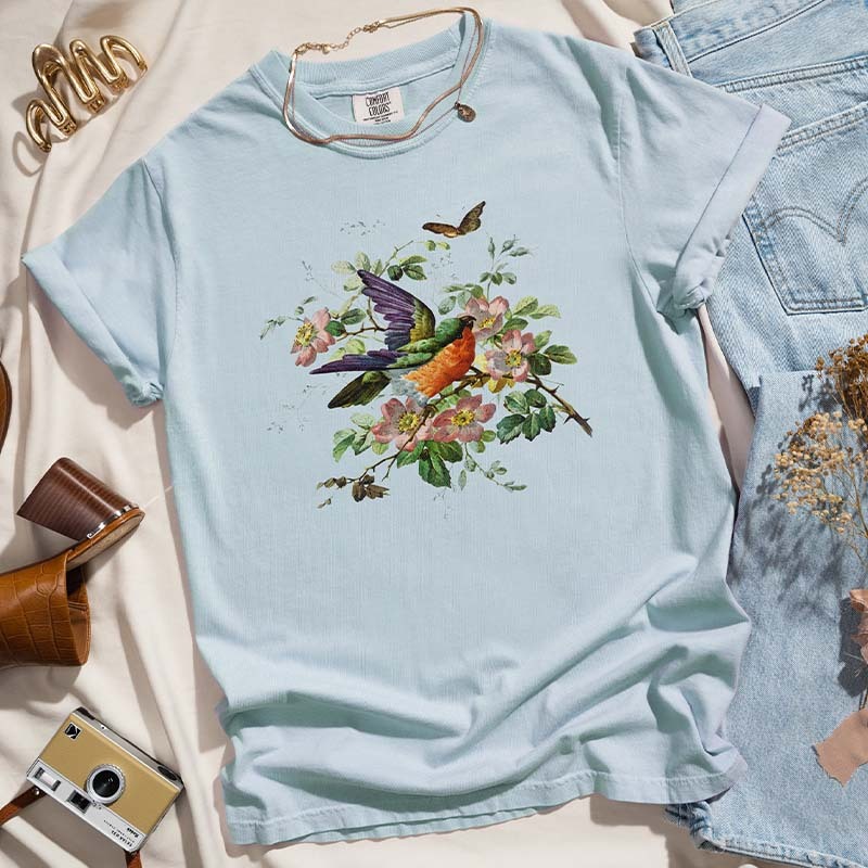 Pressed Flowers Bird And Butterflies T-Shirt-carlalin