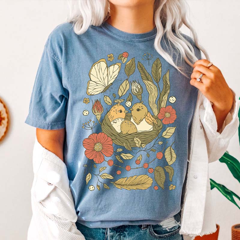 Birds And Flowers Floral Folk T-Shirt-carlalin