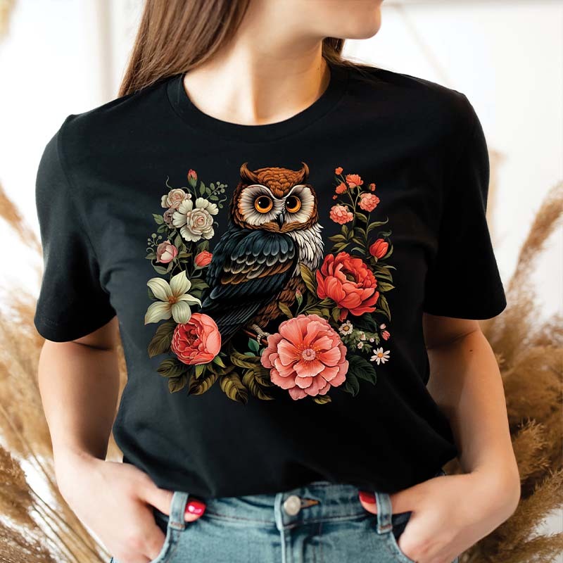 Cute Owl Boho Style Flowers T-Shirt-carlalin