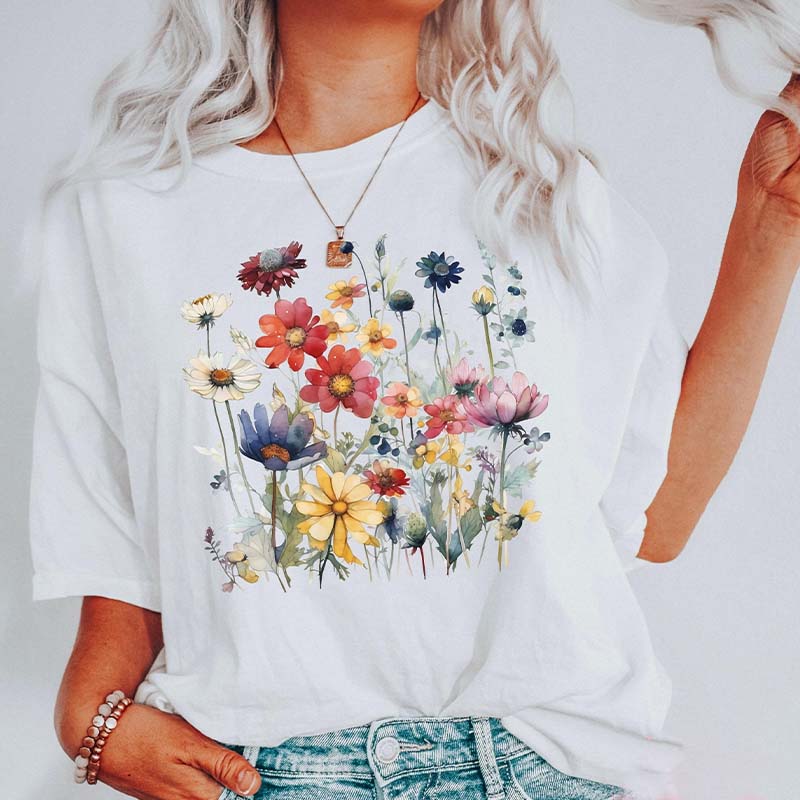 Ladies' Wild Flowers Watercolor T-Shirt-carlalin