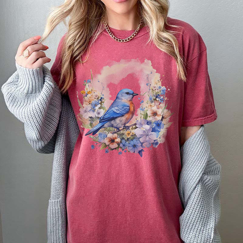Watercolor Bluebird Wildflowers T-Shirt-carlalin
