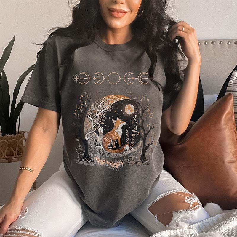 Whimsigoth Fox Witchy Moon T-Shirt-carlalin