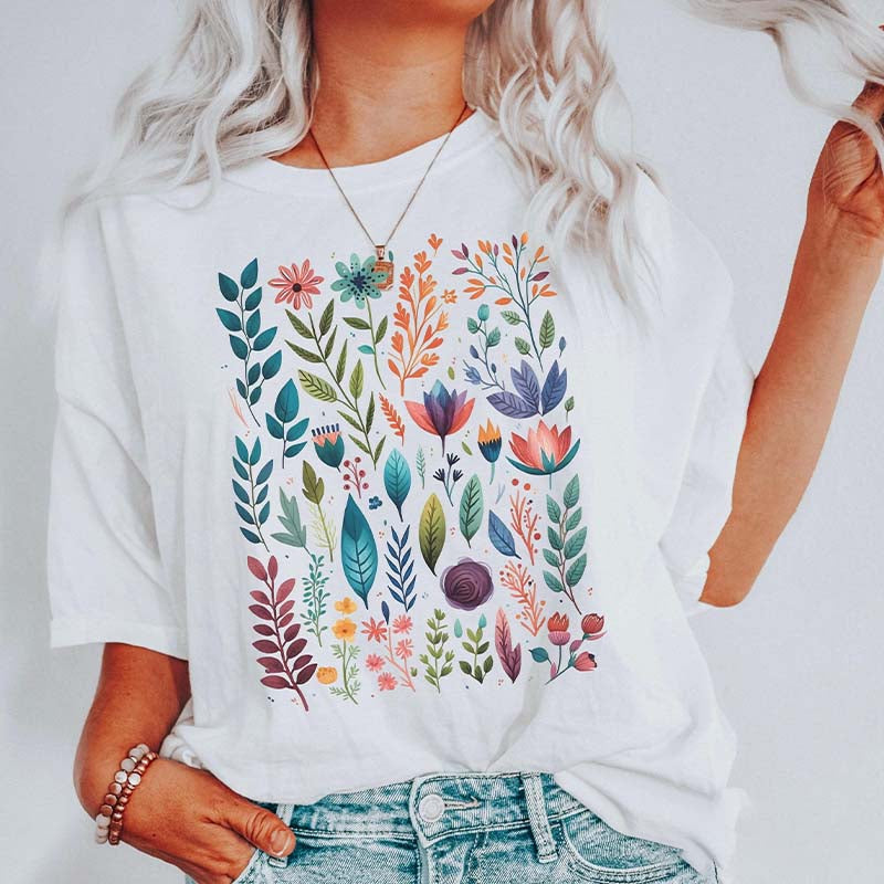Boho Watercolor Folk Flowers T-Shirt-carlalin