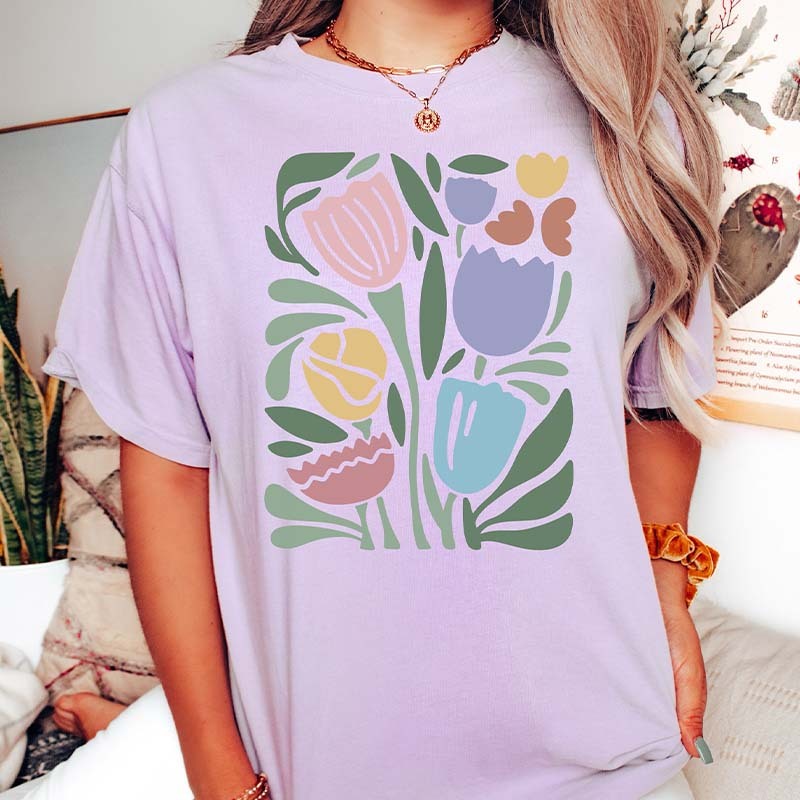 Wavy Tulips Retro Groovy Floral T-Shirt-carlalin