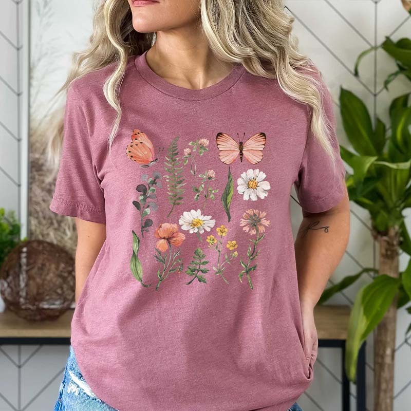 Floral WildFlowers Butterfly Woodland T-Shirt-carlalin