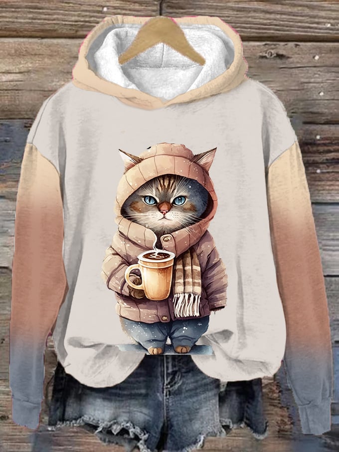 Women's Winter Funny Cute Wonderland Clothingl Clipart Cat Coffee Printed Hoodie-carlalin