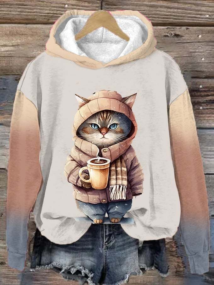 Women's Winter Funny Cute Wonderland Clothingl Clipart Cat Coffee Printed Hoodie-carlalin