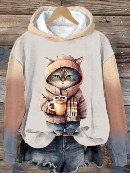 Women's Winter Funny Cute Wonderland Clothingl Clipart Cat Coffee Printed Hoodie-carlalin