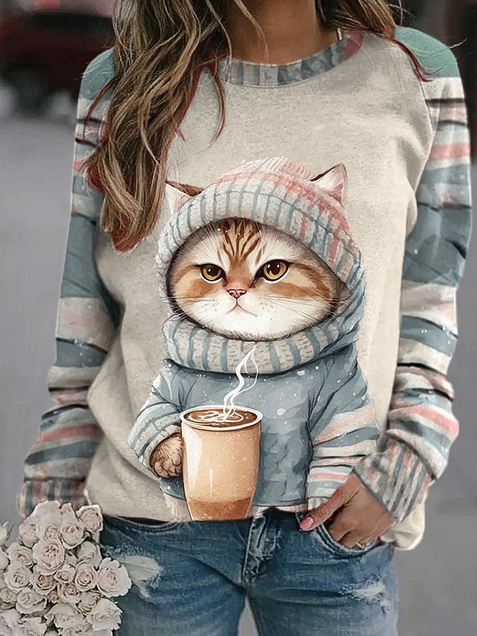 Women's Winter Funny Cute Wonderland Clothingl Clipart Cat Coffee Printed Sweatshirt-carlalin