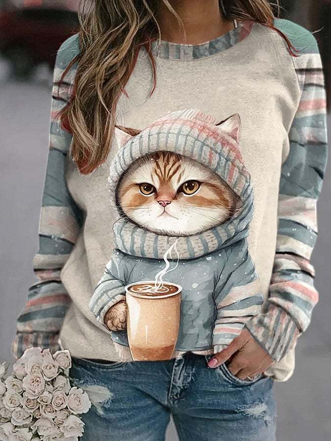Women's Winter Funny Cute Wonderland Clothingl Clipart Cat Coffee Printed Sweatshirt-carlalin