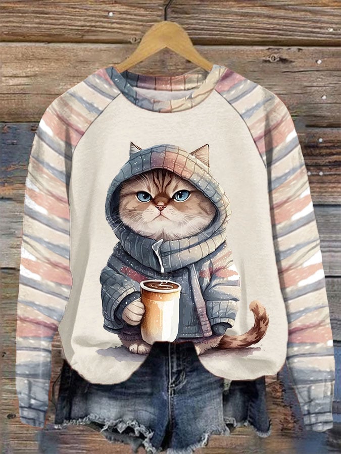 Women's Winter Funny Cute Wonderland Clothing Clipart Cat Coffee Plaid Print Sweatshirt-carlalin