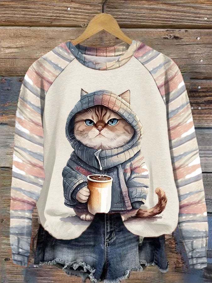 Women's Winter Funny Cute Wonderland Clothing Clipart Cat Coffee Plaid Print Sweatshirt-carlalin