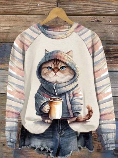 Women's Winter Funny Cute Wonderland Clothing Clipart Cat Coffee Plaid Print Sweatshirt-carlalin
