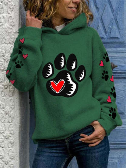 Dog Footprint Heart Print Long Sleeve Hoodie-carlalin