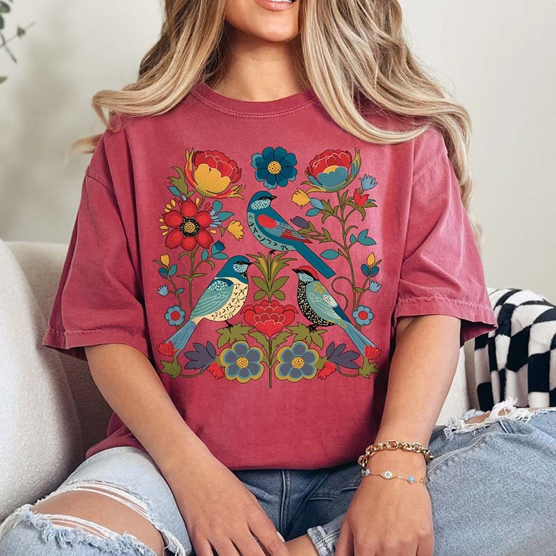 Summer Bird Lover Flower T-Shirt-carlalin