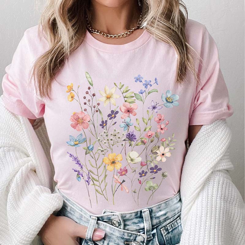 Botanical Floral Minimalist Colorful T-Shirt-carlalin