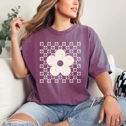Checkered Flower Trendy Floral T-Shirt-carlalin