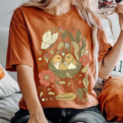Birds And Flowers Floral Folk T-Shirt-carlalin