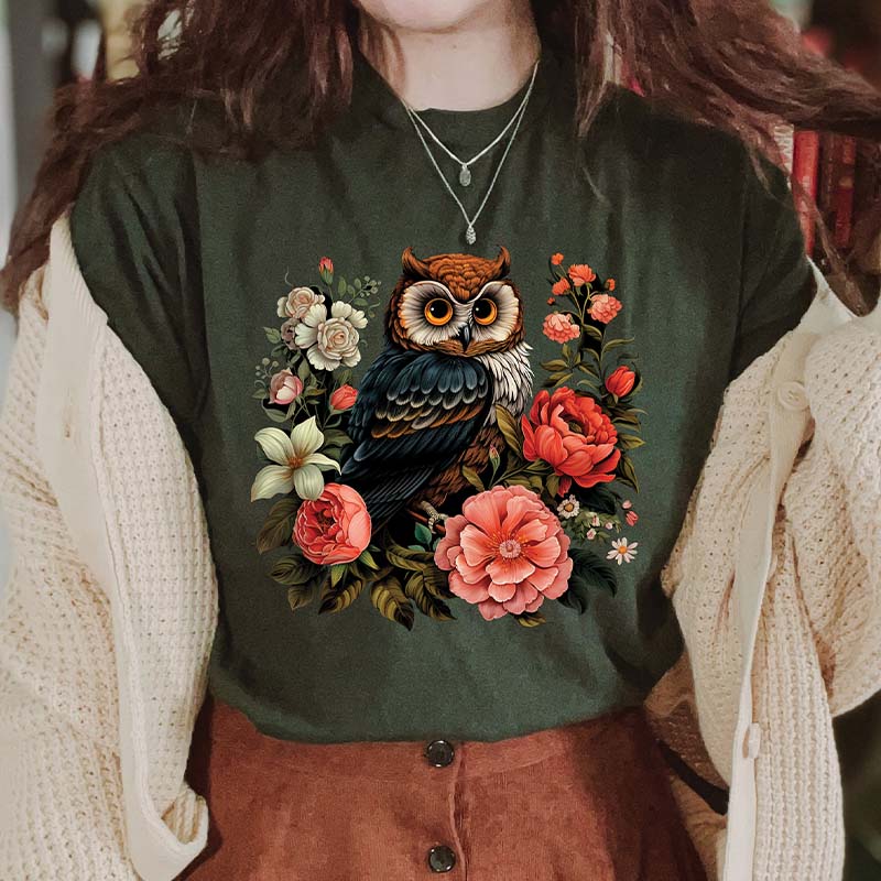 Cute Owl Boho Style Flowers T-Shirt-carlalin