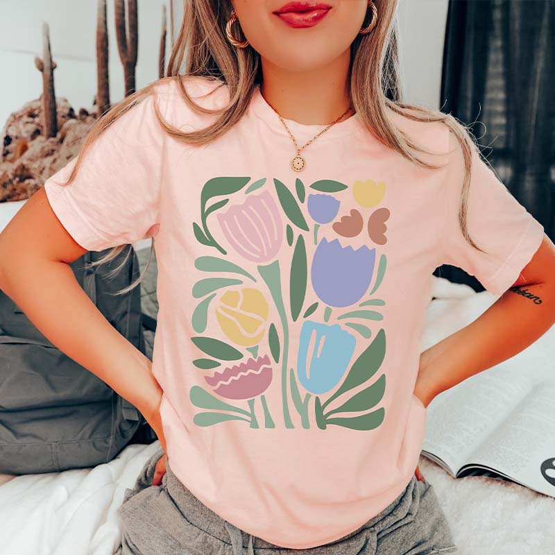Wavy Tulips Retro Groovy Floral T-Shirt-carlalin