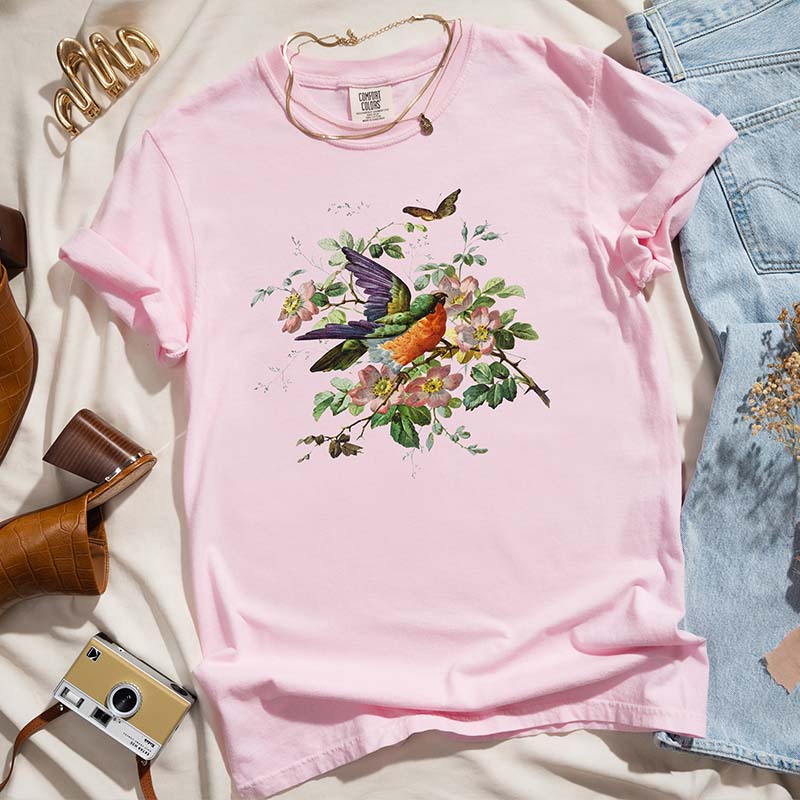 Pressed Flowers Bird And Butterflies T-Shirt-carlalin