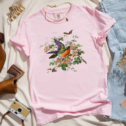 Pressed Flowers Bird And Butterflies T-Shirt-carlalin