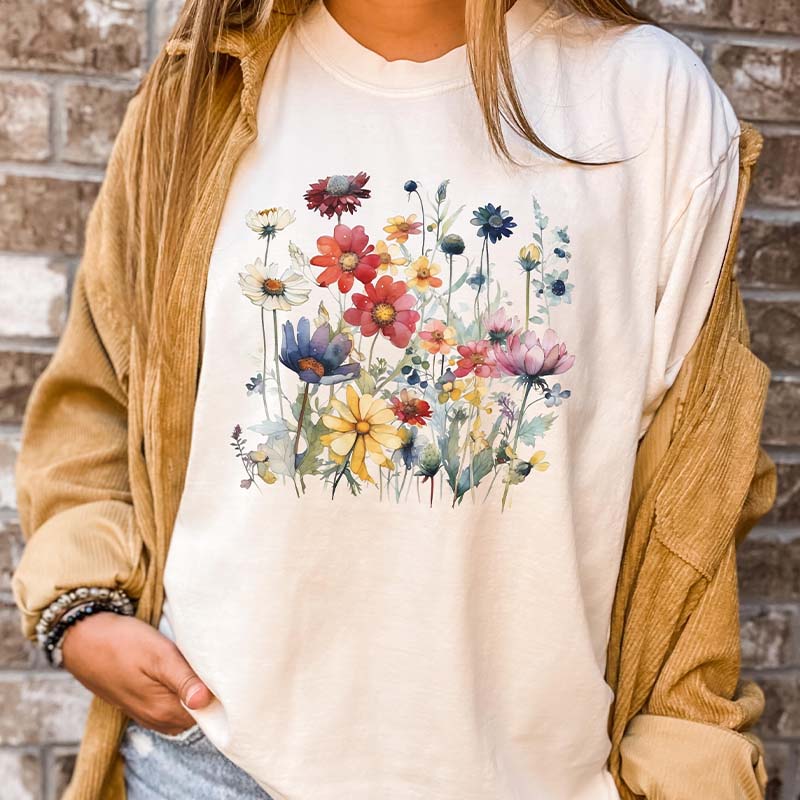Ladies' Wild Flowers Watercolor T-Shirt-carlalin