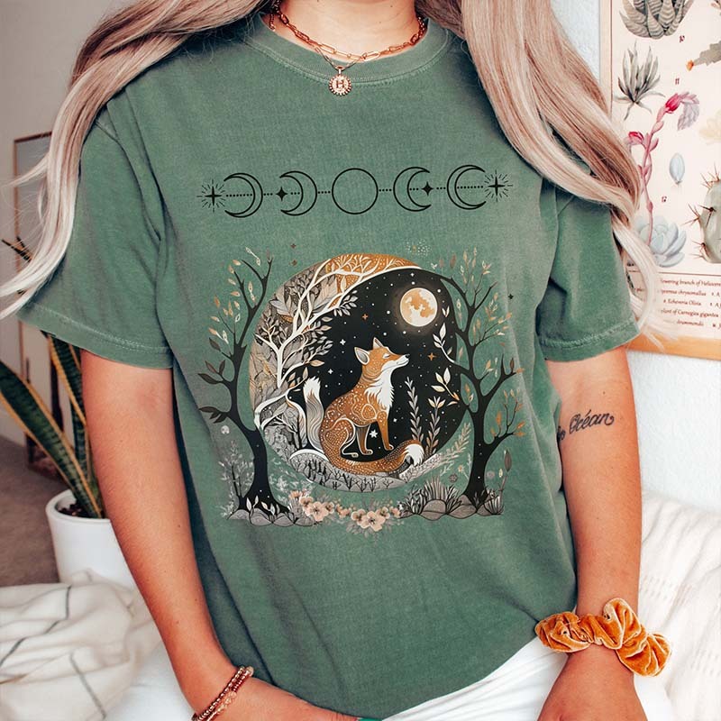 Whimsigoth Fox Witchy Moon T-Shirt-carlalin