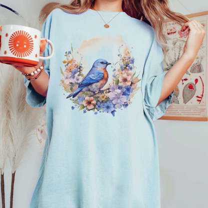 Watercolor Bluebird Wildflowers T-Shirt-carlalin