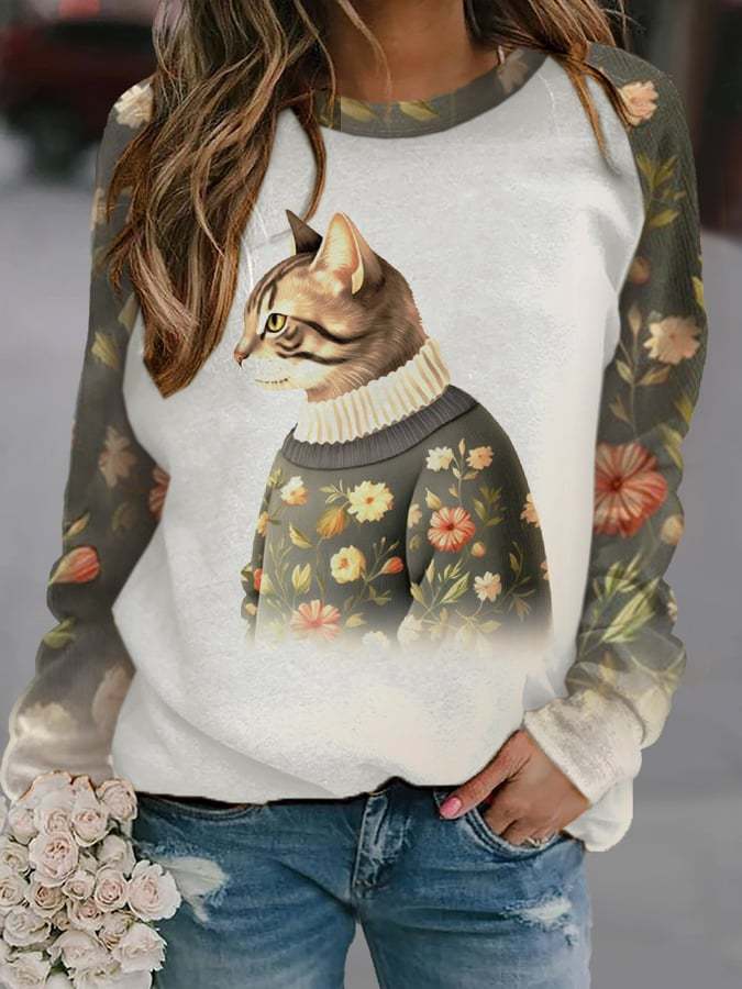 Women'S Cat Print Crew Neck Casual Sweatshirt-carlalin