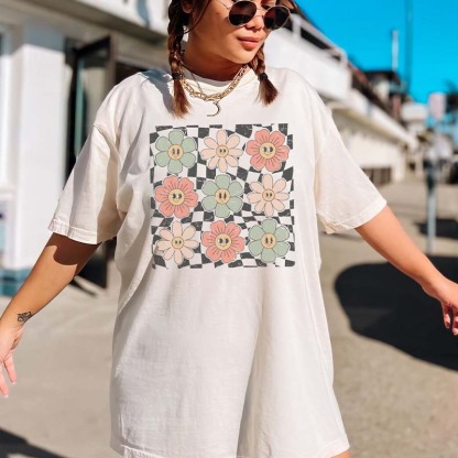 Checkered Flower Retro Trendy Summer T-Shirt-carlalin