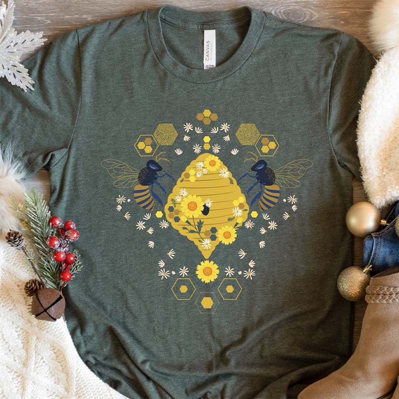 Floral Bee Honeycomb Kindness Plant T-Shirt-carlalin