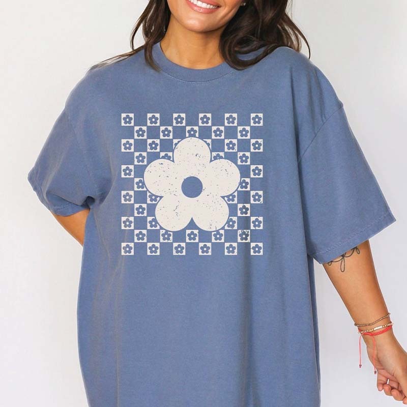 Checkered Flower Trendy Floral T-Shirt-carlalin