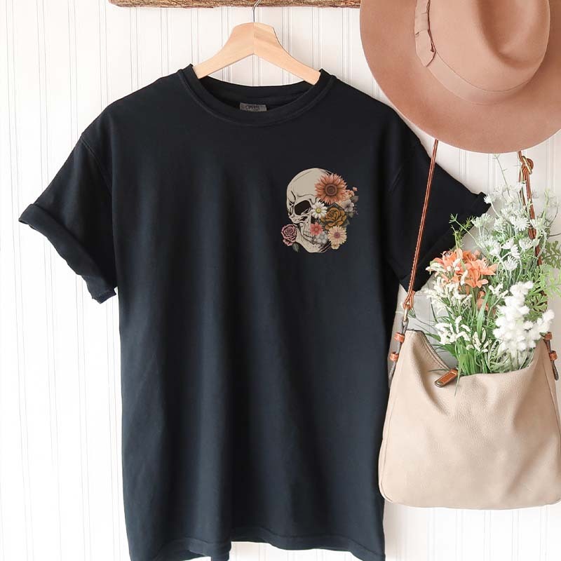 Floral Skull Witchy Botanical Skeleton T-Shirt-carlalin