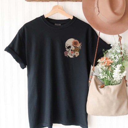 Floral Skull Witchy Botanical Skeleton T-Shirt-carlalin