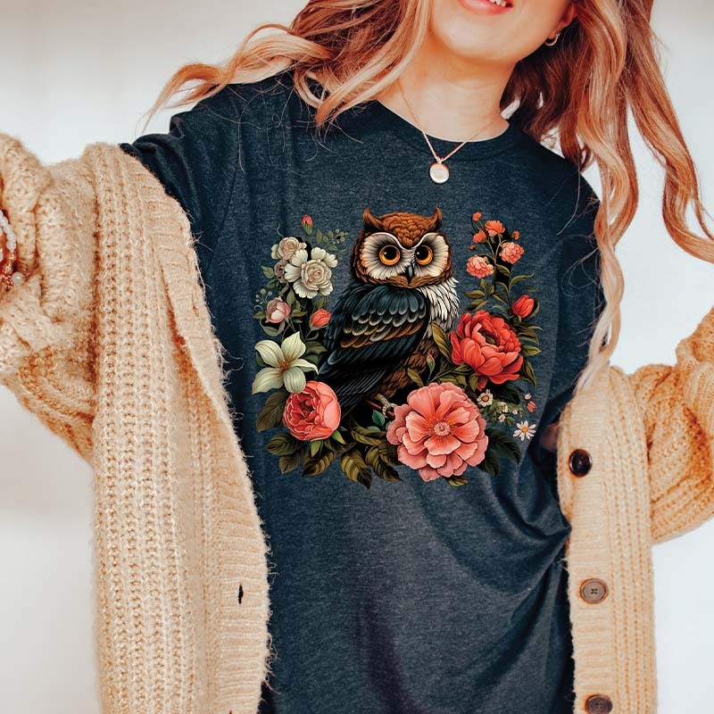 Cute Owl Boho Style Flowers T-Shirt-carlalin