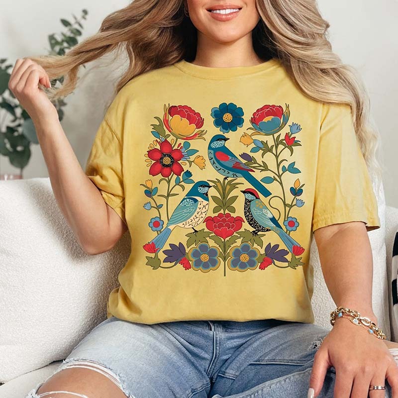 Summer Bird Lover Flower T-Shirt-carlalin